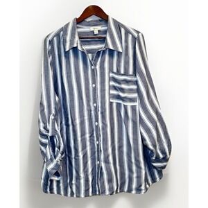 Style & Co Womens Blue White Striped Button Down Shirt Long Sleeve Casual